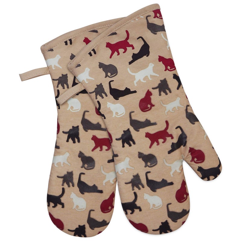RED LMLDETA Oven Mitts Gloves 1 Pair Heat Resistant 480 â„‰ Non Slip Clear Silicone Printed Comfortable Cotton Lining Kitchen Women Men Cooking Barbecue Microwave Machine Washable (Cat, Khaki Mittens) - Image 1